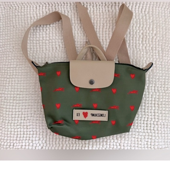 Longchamp Handbags - Longchamp Green Nylon Mini Backpack with Red Heart Print and Tan Flap